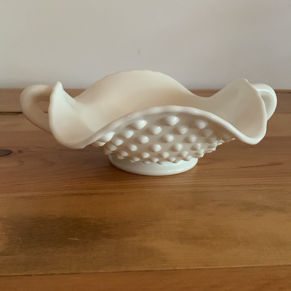 Vintage FENTON White Hobnail Glass Candy Dish with Handles.
